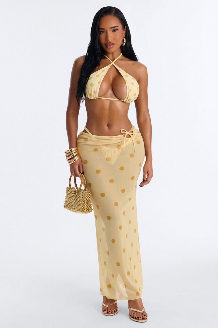 Paulette 3 Piece Polka Dot Halter Bikini & Mesh Cover Up Maxi Skirt Sunsuit - Yellow