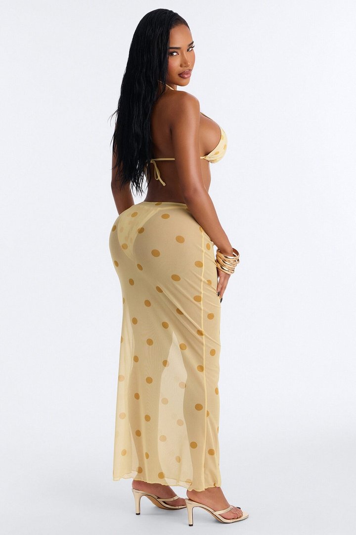 Paulette 3 Piece Polka Dot Halter Bikini & Mesh Cover Up Maxi Skirt Sunsuit - Yellow