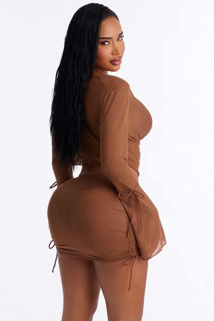 Brietta Mesh 4 Piece Triangle Bikini Top & Skirt Sunsuit - Brown