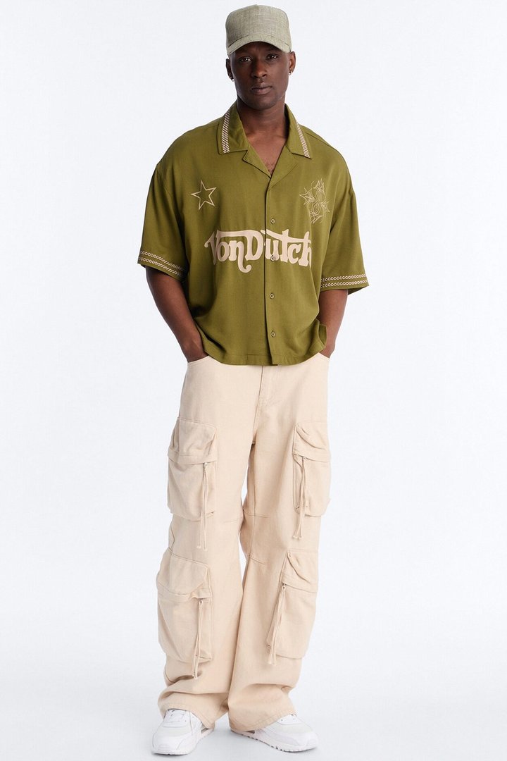 Von Dutch Embroidery Patch Cropped Short Sleeve Button Up Shirt - Green