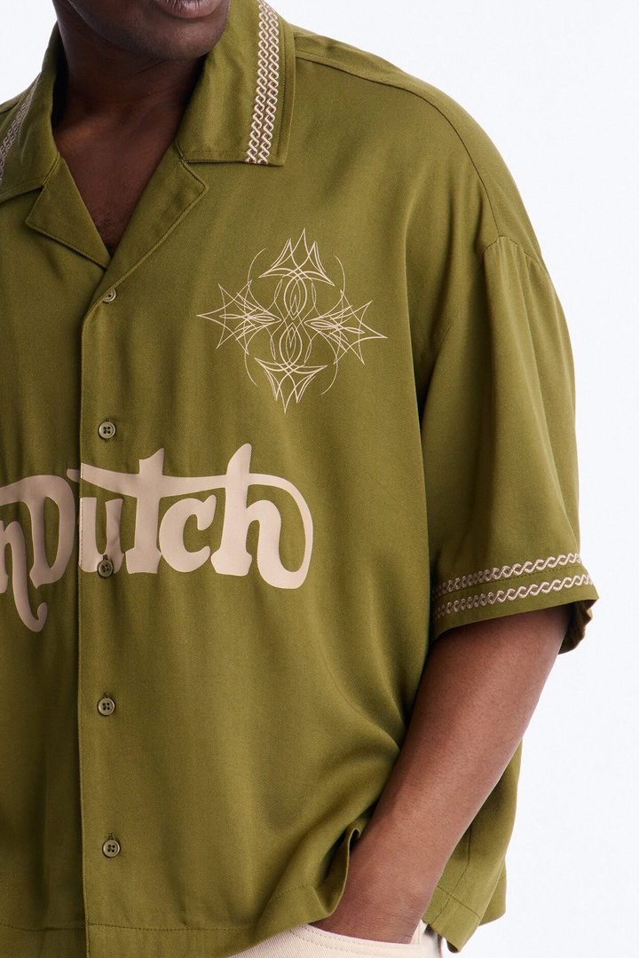 Von Dutch Embroidery Patch Cropped Short Sleeve Button Up Shirt - Green