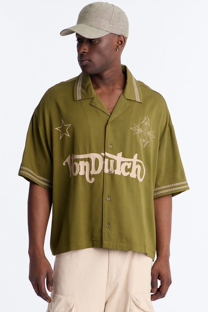 Von Dutch Embroidery Patch Cropped Short Sleeve Button Up Shirt - Green