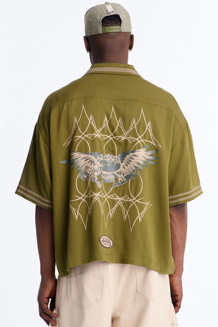 Von Dutch Embroidery Patch Cropped Short Sleeve Button Up Shirt - Green