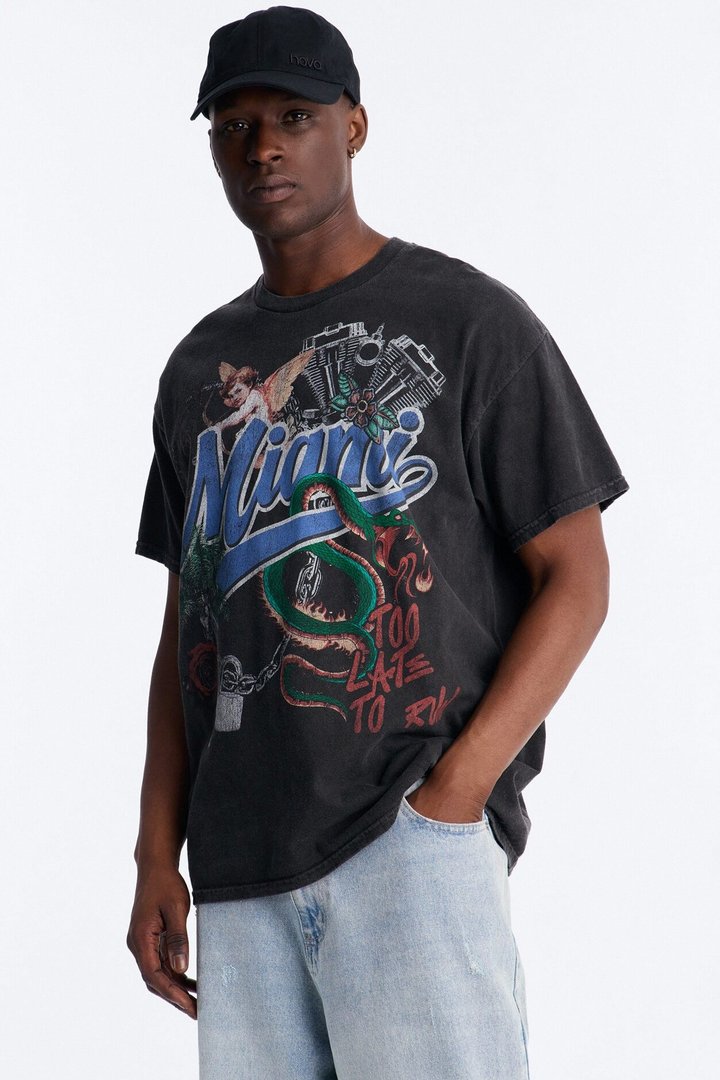 Miami Too Late Vintage Oversized Short Sleeve Tee - Black Wash