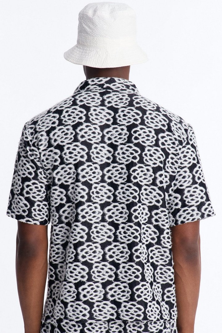 Snow Leopard Drift Cuban Collar Shirt - Black/White