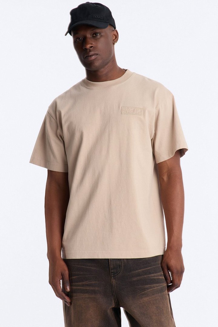 Amor Oversized Heavy Weight Embroidery Short Sleeve Tee - Tan