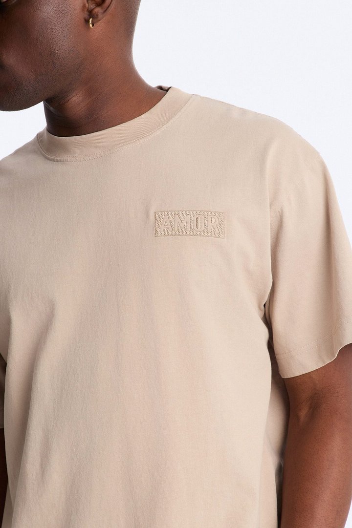 Amor Oversized Heavy Weight Embroidery Short Sleeve Tee - Tan