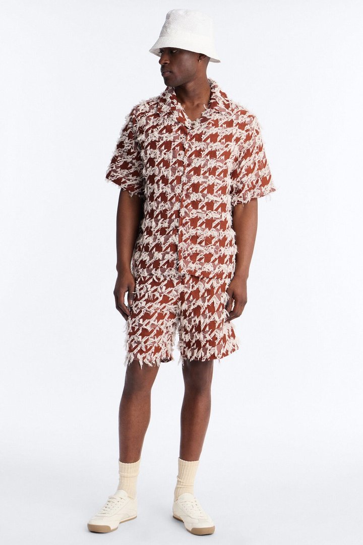 Relaxed Houndstooth Nomad Cuban Collar Button Up Shirt - Brown
