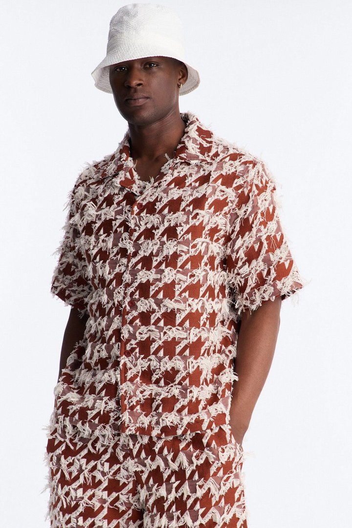 Relaxed Houndstooth Nomad Cuban Collar Button Up Shirt - Brown