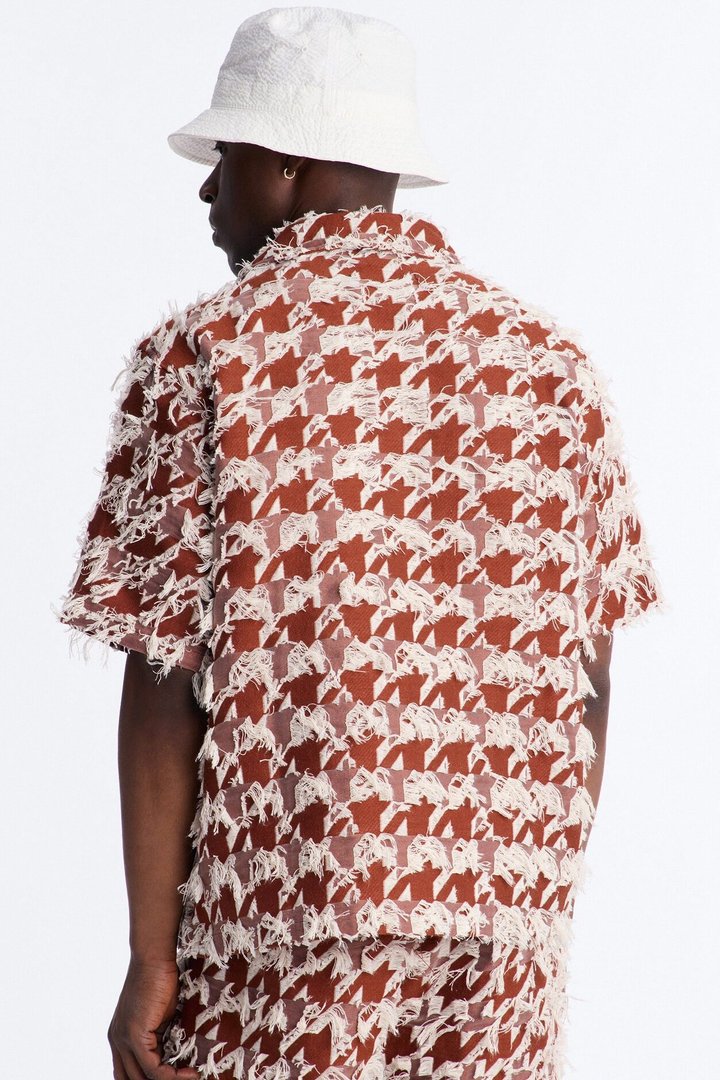Relaxed Houndstooth Nomad Cuban Collar Button Up Shirt - Brown