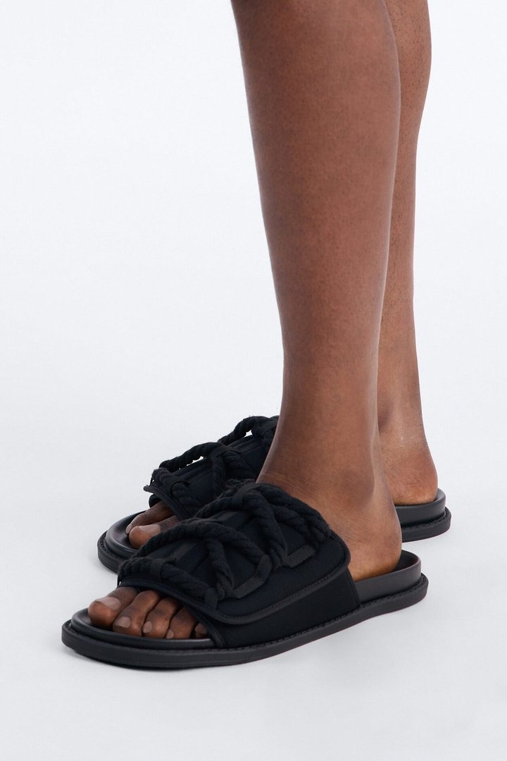 Roped Detail Slip On Slide - Black