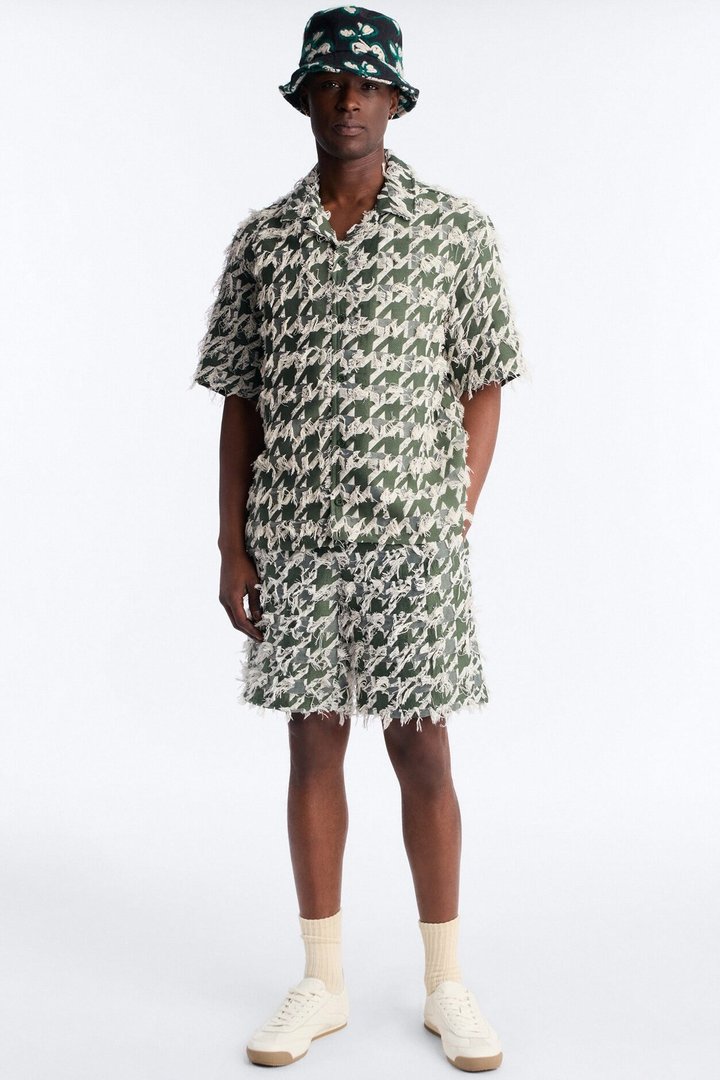 Relaxed Houndstooth Nomad Cuban Collar Button Up Shirt - Green