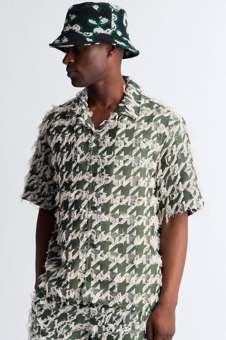 Relaxed Houndstooth Nomad Cuban Collar Button Up Shirt - Green