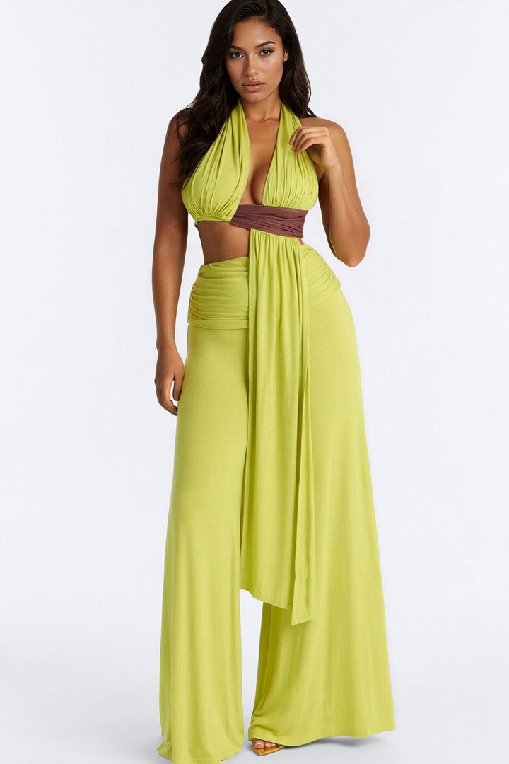 Avery Ruched Waist Pant Set - Chartreuse