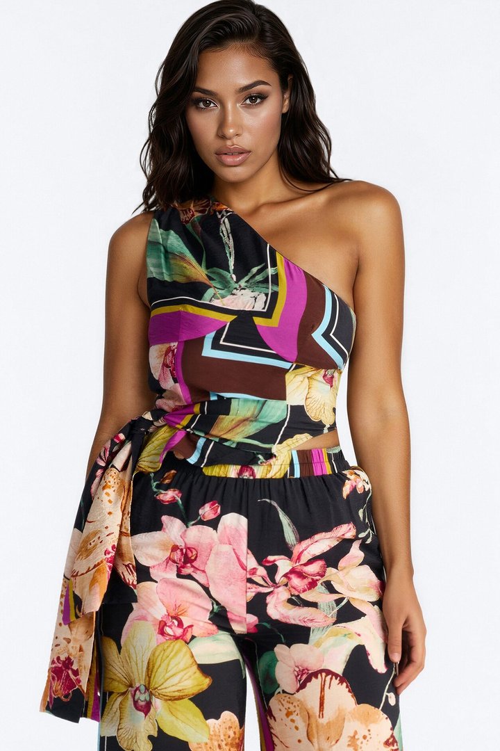 Elara One Shoulder Floral Airflow Pant Set - Multi Color