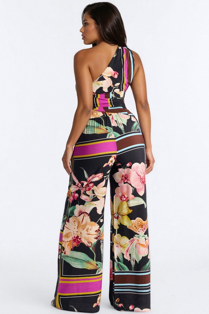Elara One Shoulder Floral Airflow Pant Set - Multi Color