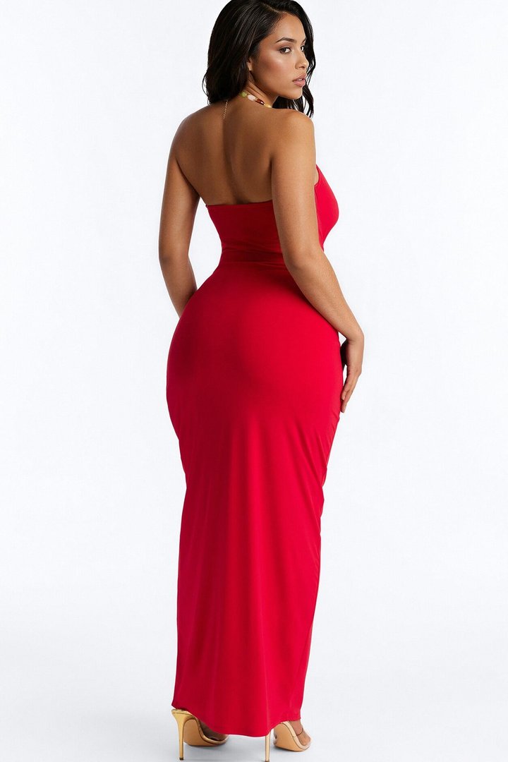 Leila Beaded Halter Maxi Dress - Red
