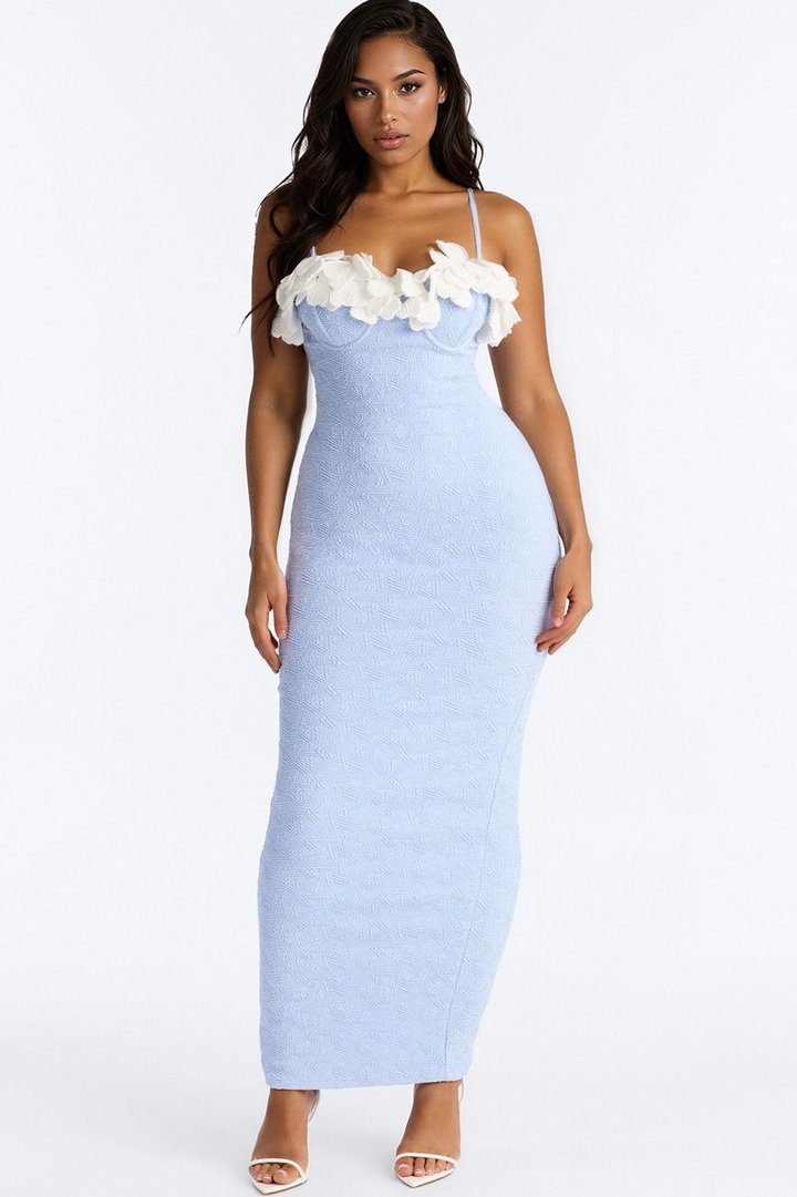 Natural Beauty Floral Applique Maxi Dress - Light Blue