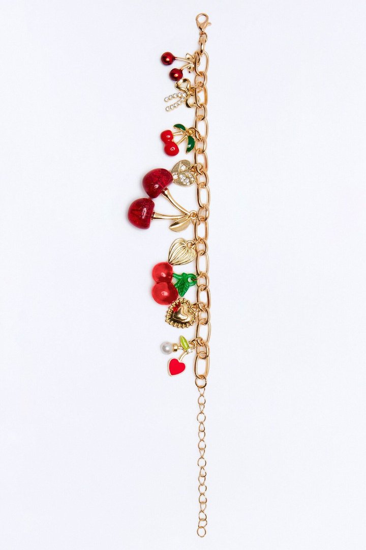 Cherry Blush Charm Bracelet - Gold/Red