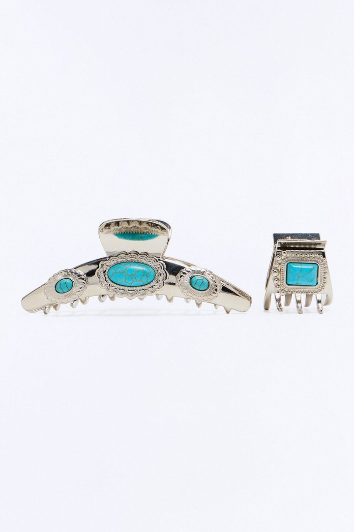 Nomad Style Jeweled 2 Piece Claw Clip Set - Silver/Blue