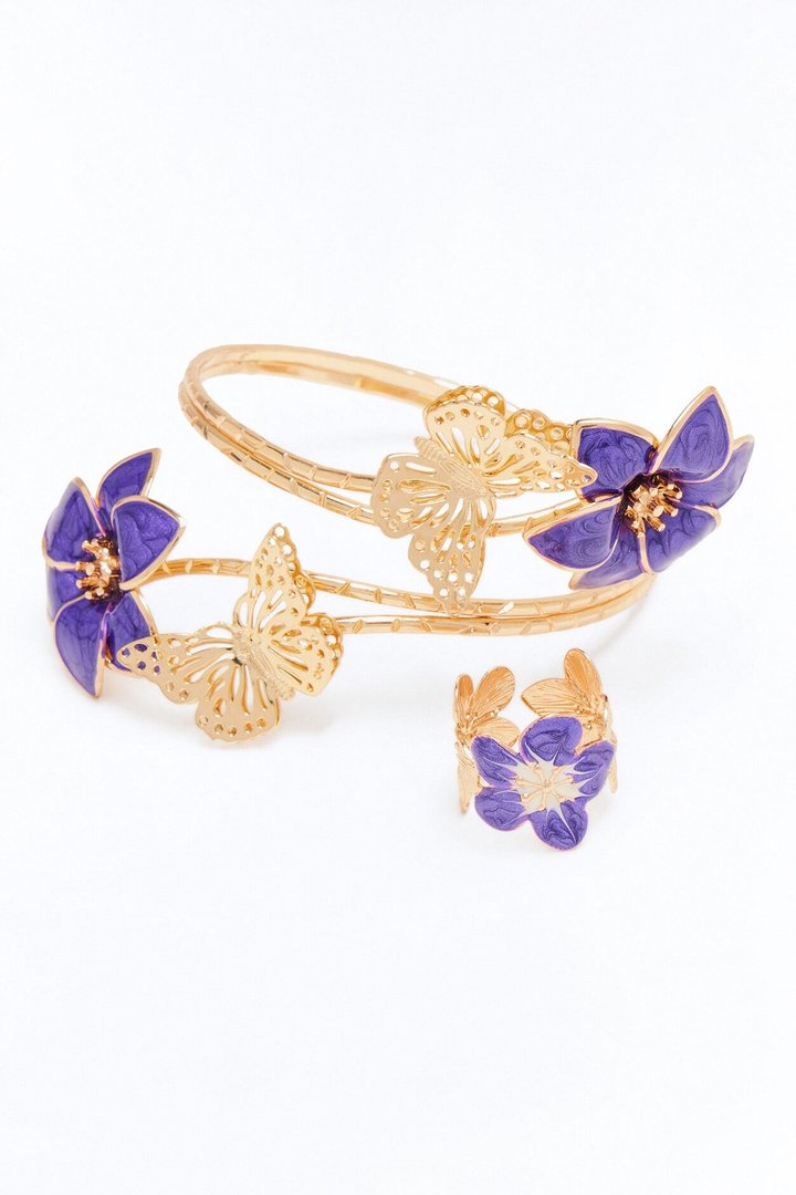 Summer Soiree Arm Cuff And Ring Set - Gold/Purple