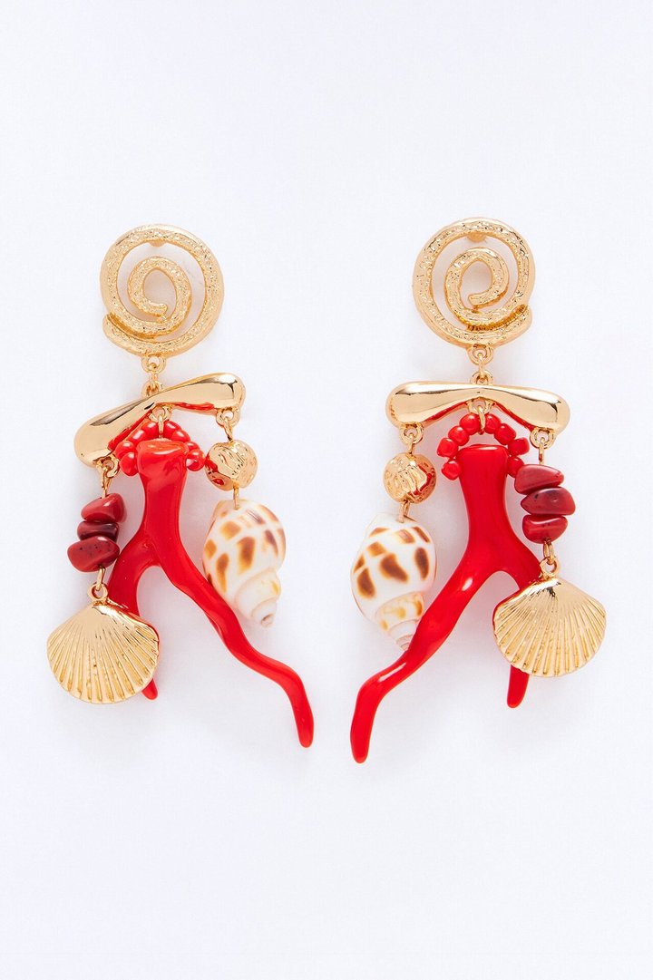 Coral Charm Drop Earrings - Gold/Red