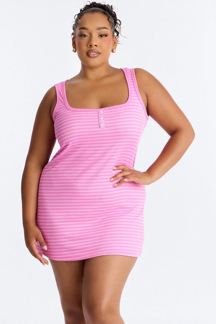 Staying In Striped PJ Sleep Dress - Hot Pink