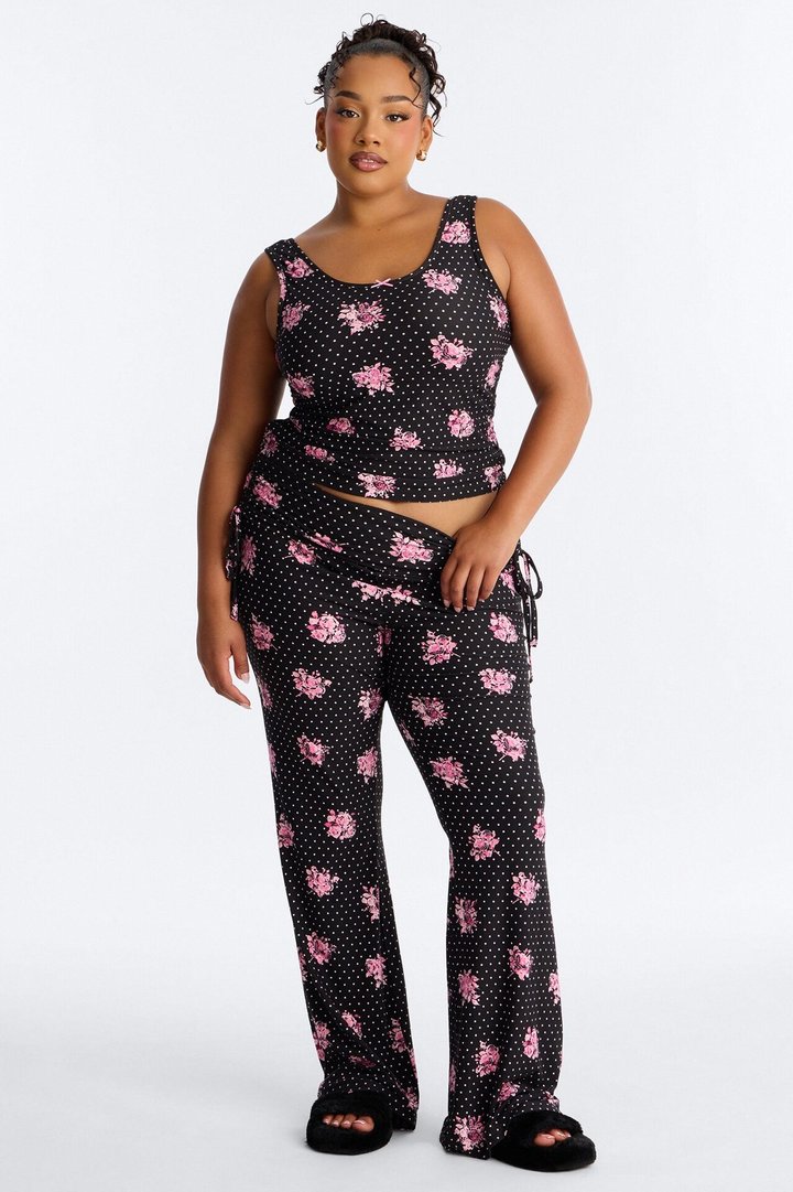Petty Dreams Tank PJ Foldover Pant Set - Black/Pink