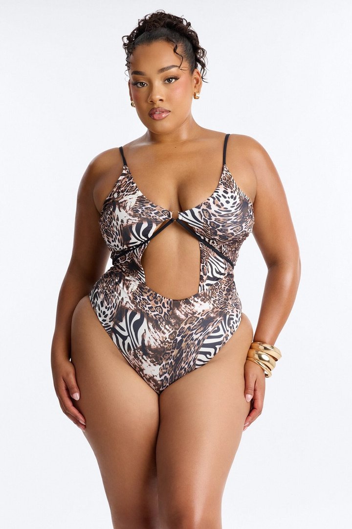 Sunkissed Strappy 1 Piece Cut Out Swimsuit - Leopard
