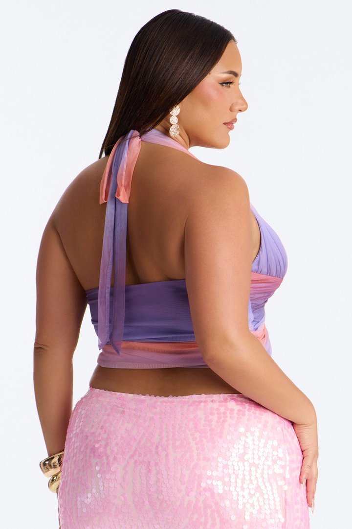 Sunsets Ombre Mesh Deep V Neck Halter Top - Lavender/combo