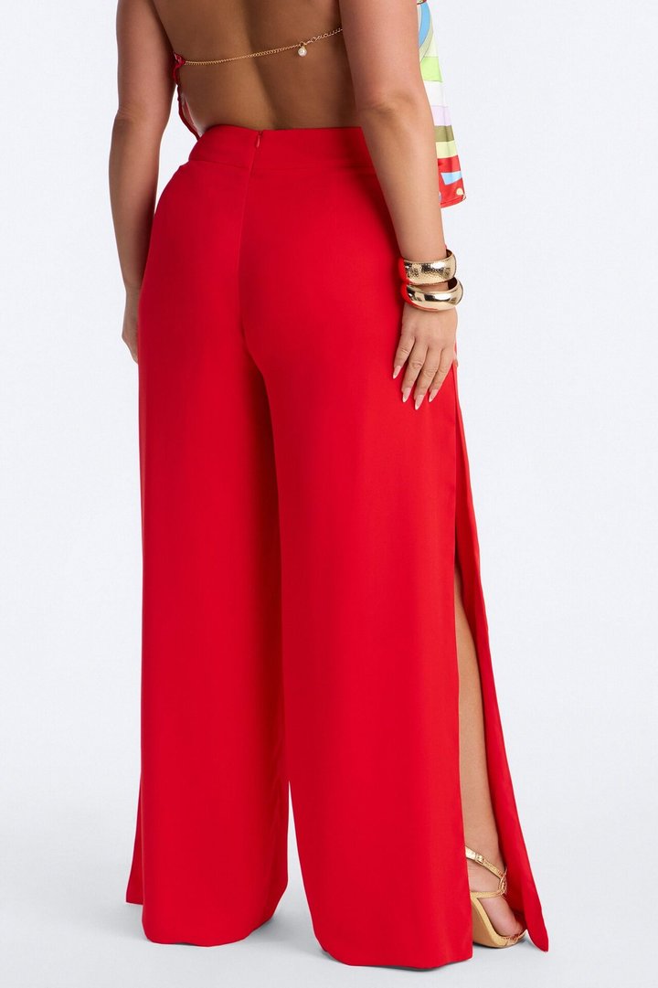 Mina High Rise Split Side Wide Leg Pant - Tomato Red