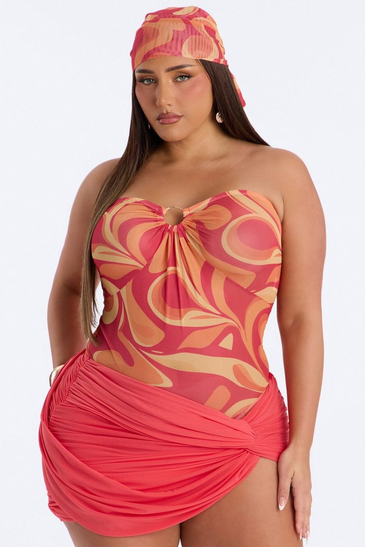 Maddie Abstract Mesh 2 Piece Head Scarf and Bodysuit - Orange/combo
