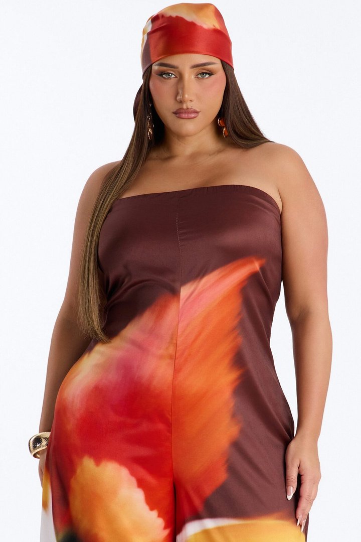 Sara Satin Head Scarf And Jumpsuit - Chocolate