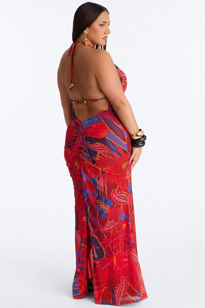 Island Diva Backless Mesh Maxi Dress - Red/combo