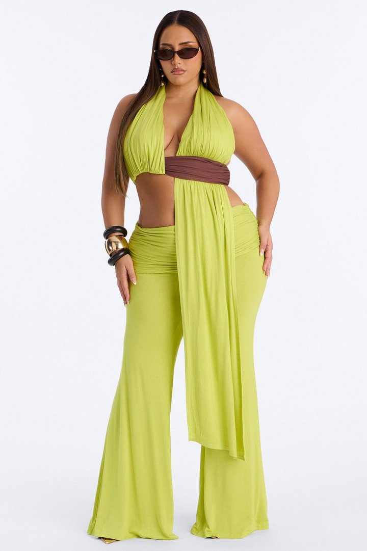 Avery Ruched Waist Pant Set - Chartreuse