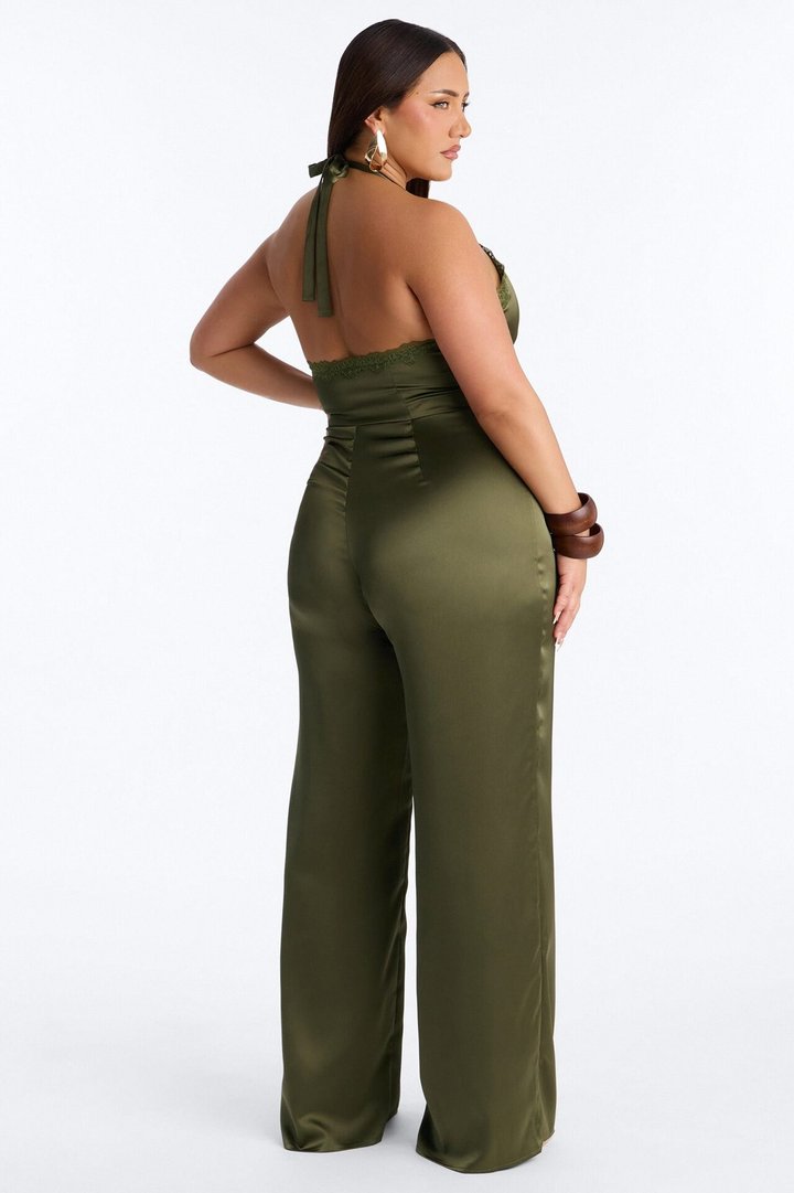 Lina Satin Lace Trim Jumpsuit - Olive