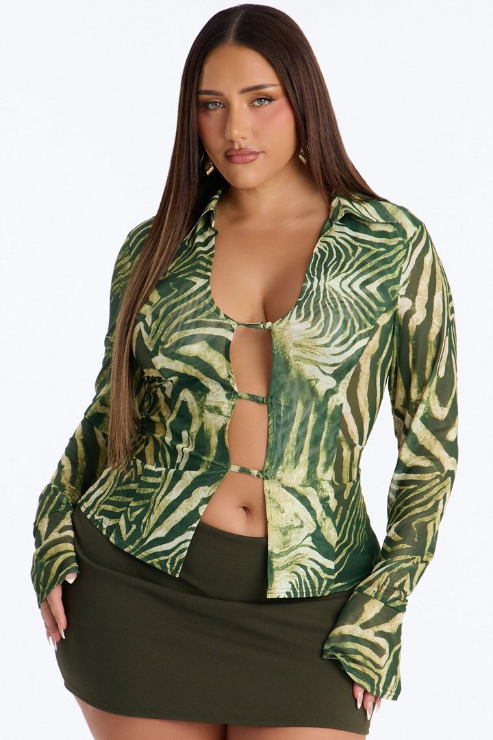 Untamed Energy Tiger Sheer Mesh Long Sleeve Shirt - Green/combo