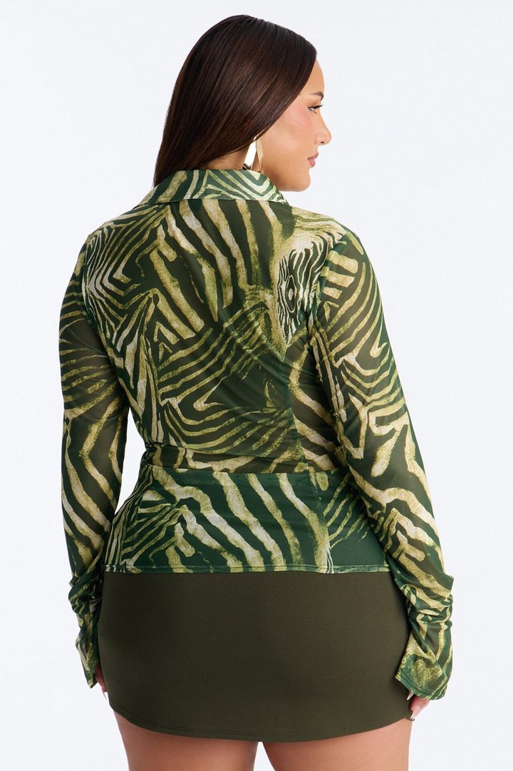 Untamed Energy Tiger Sheer Mesh Long Sleeve Shirt - Green/combo