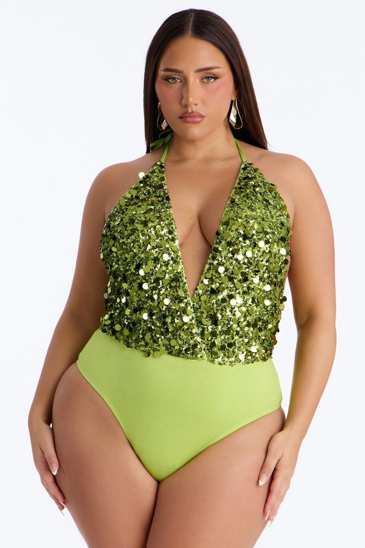 Radiant Nights Sequin Halter Bodysuit - Chartreuse