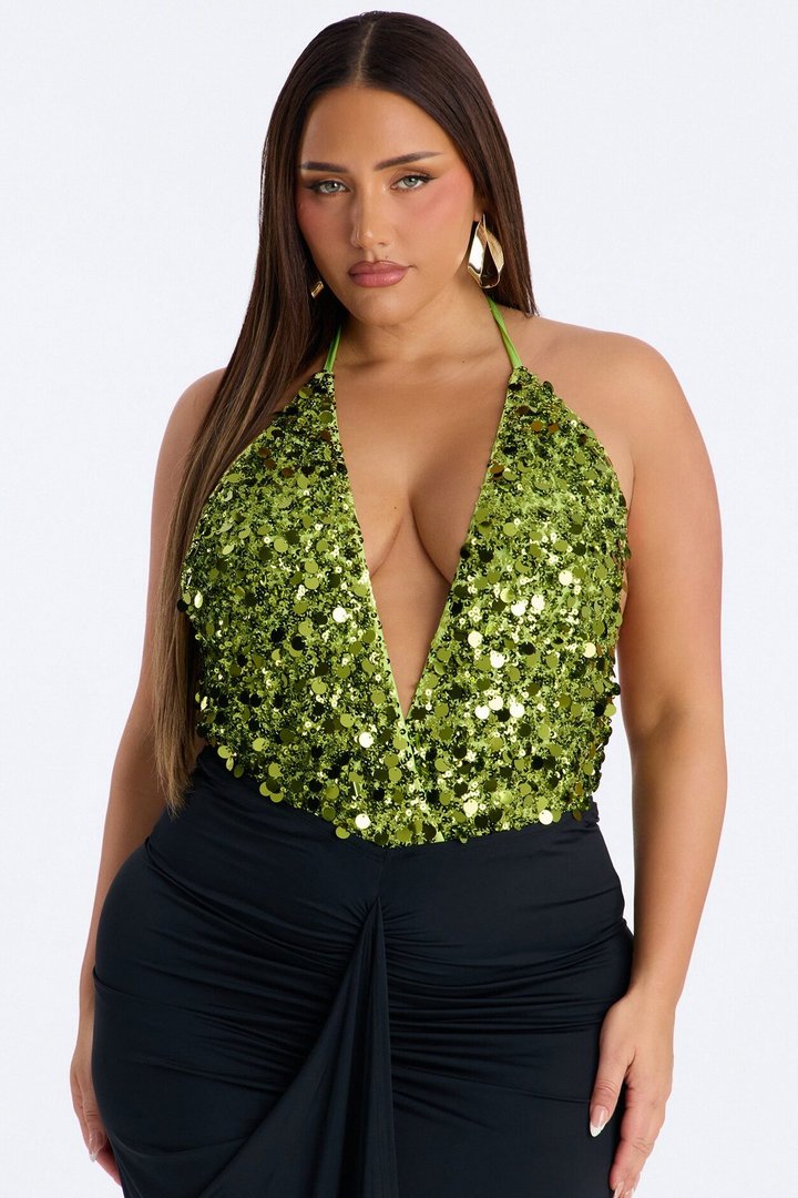 Radiant Nights Sequin Halter Bodysuit - Chartreuse