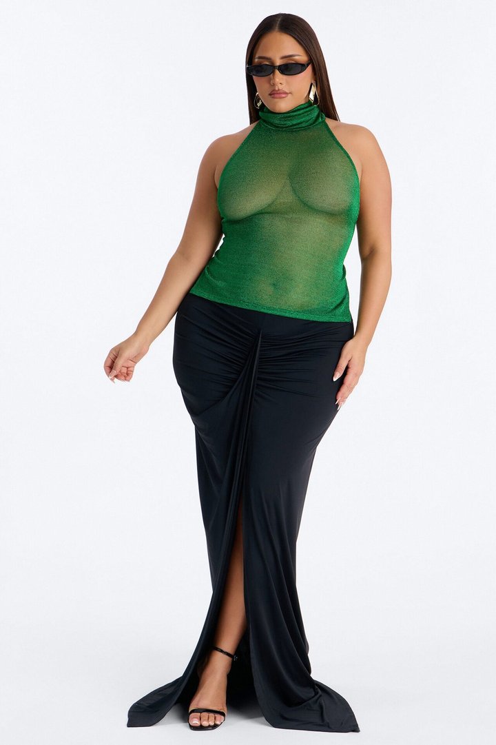 Beach Glow Metallic High Neck Top - Green