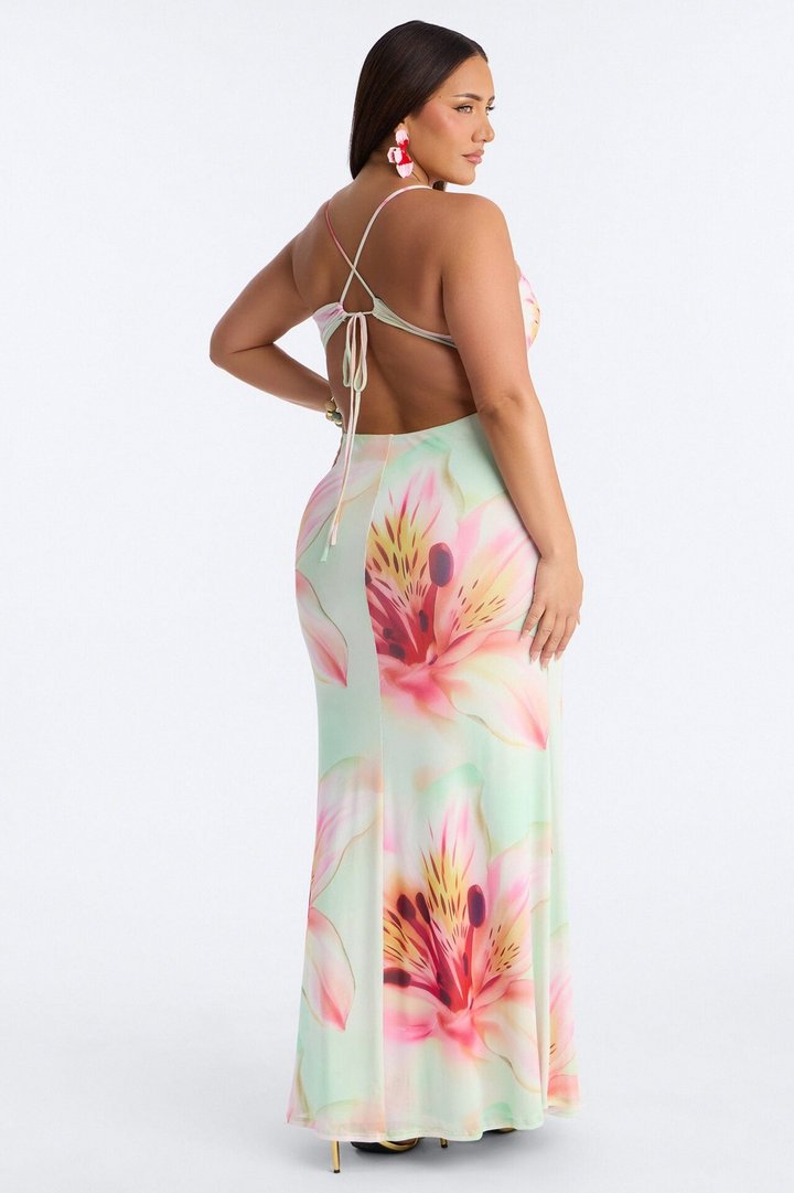 Alexandria Floral Mesh Maxi Dress - Aqua/Combo