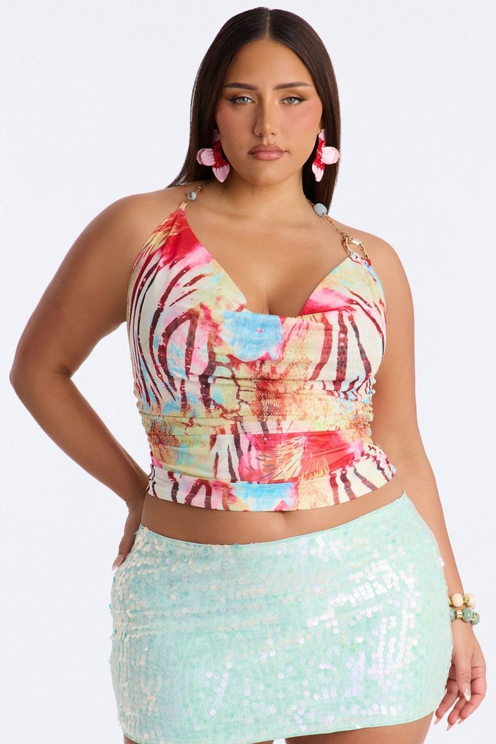 At The Playa Beaded One Shoulder Mesh Top - Multi Color