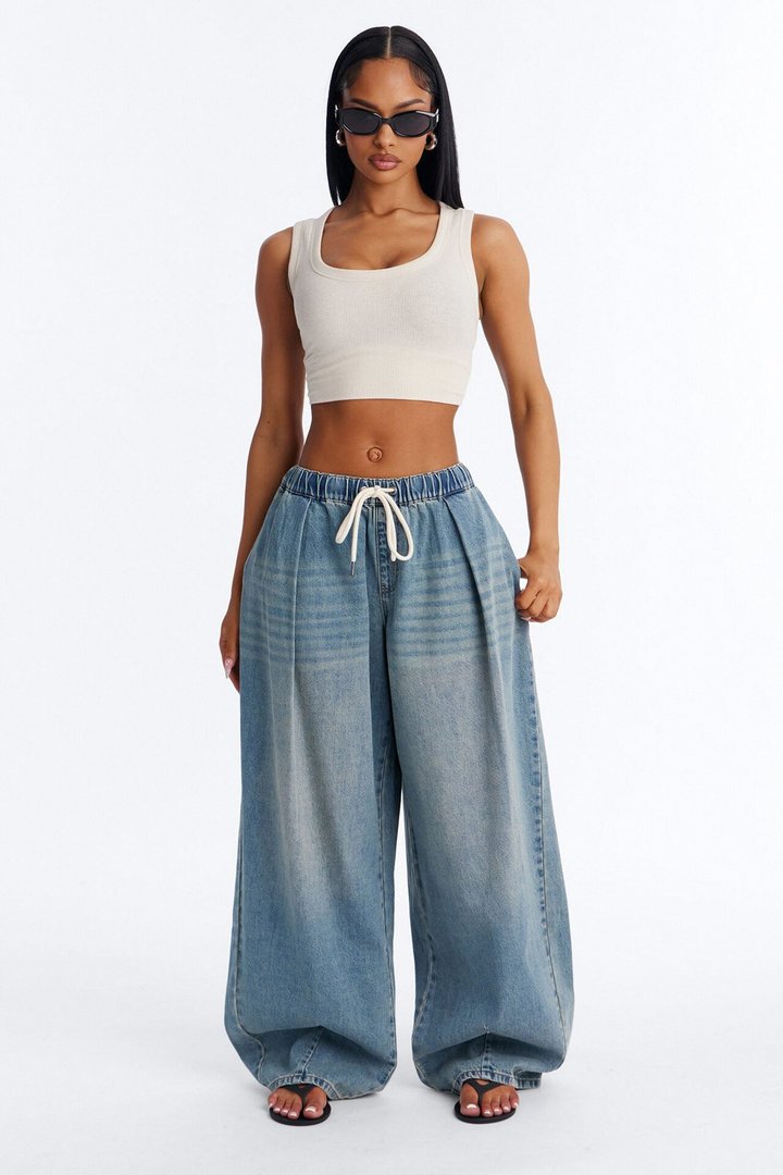 Direct Flight Tie Waist Baggy Jeans - Light Wash