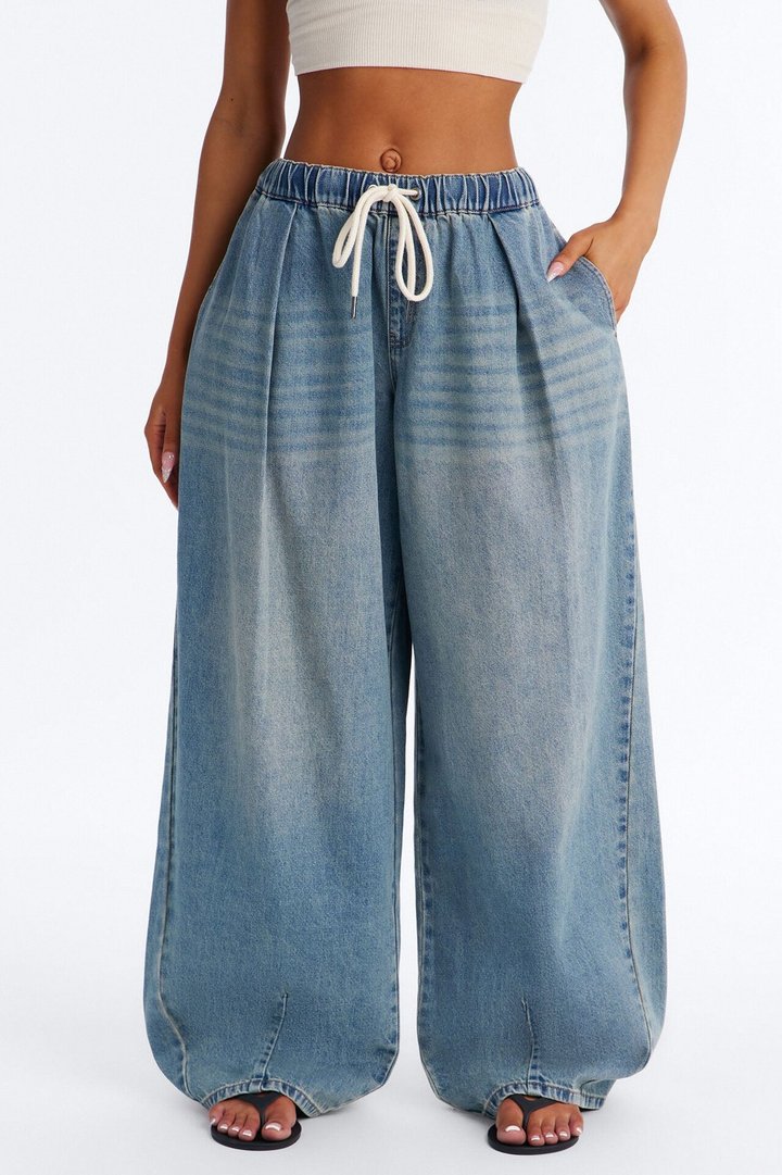 Direct Flight Tie Waist Baggy Jeans - Light Wash