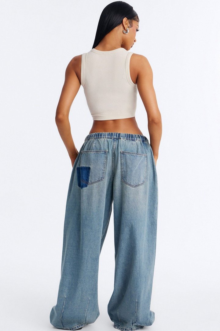 Direct Flight Tie Waist Baggy Jeans - Light Wash