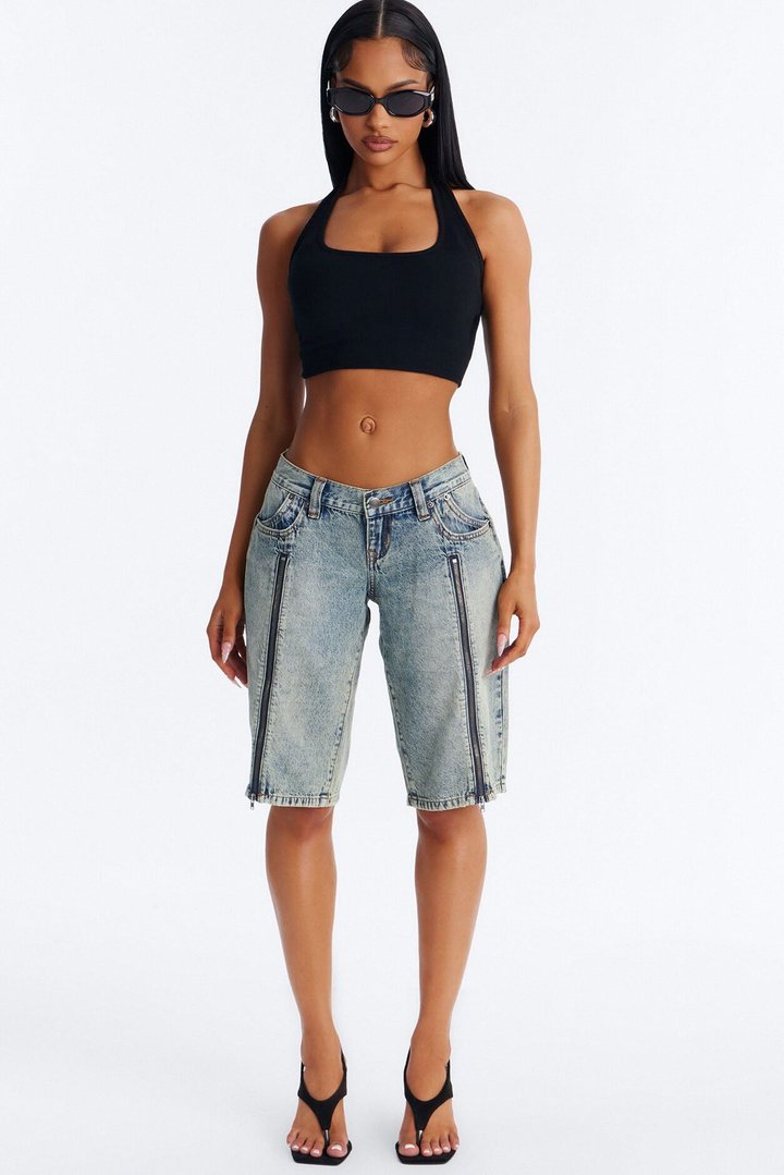 Zip It Ultra Low Rise Denim Jorts - Vintage Wash