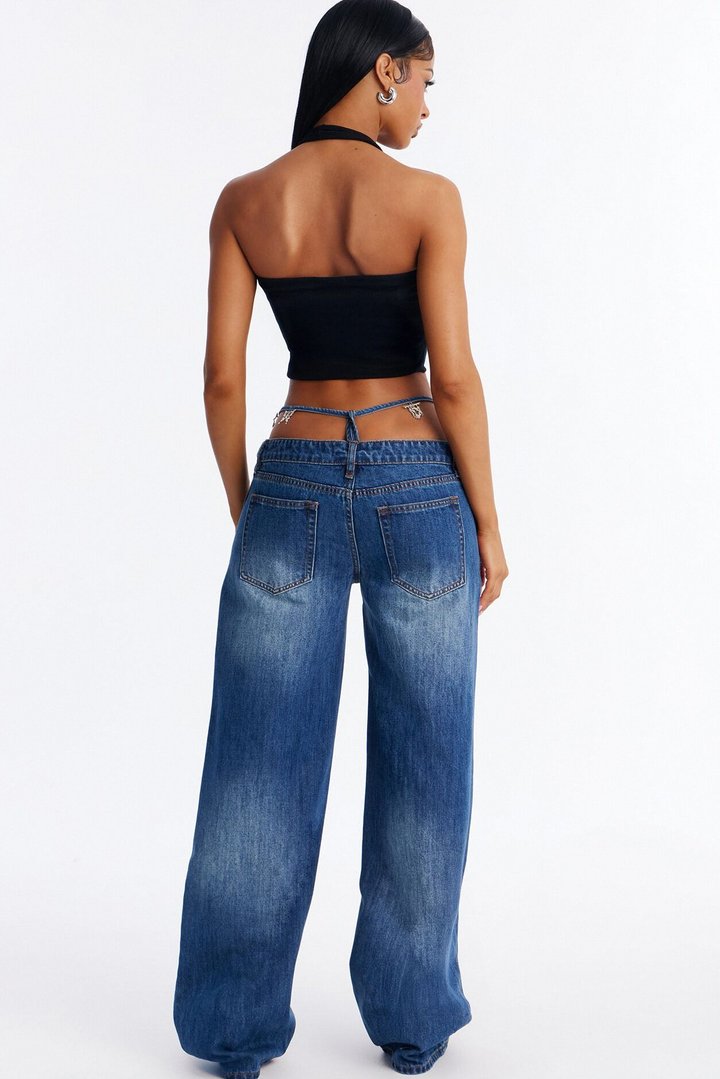Dare Me Foldover Ultra Low Rise Thong Charm Jeans - Dark Wash