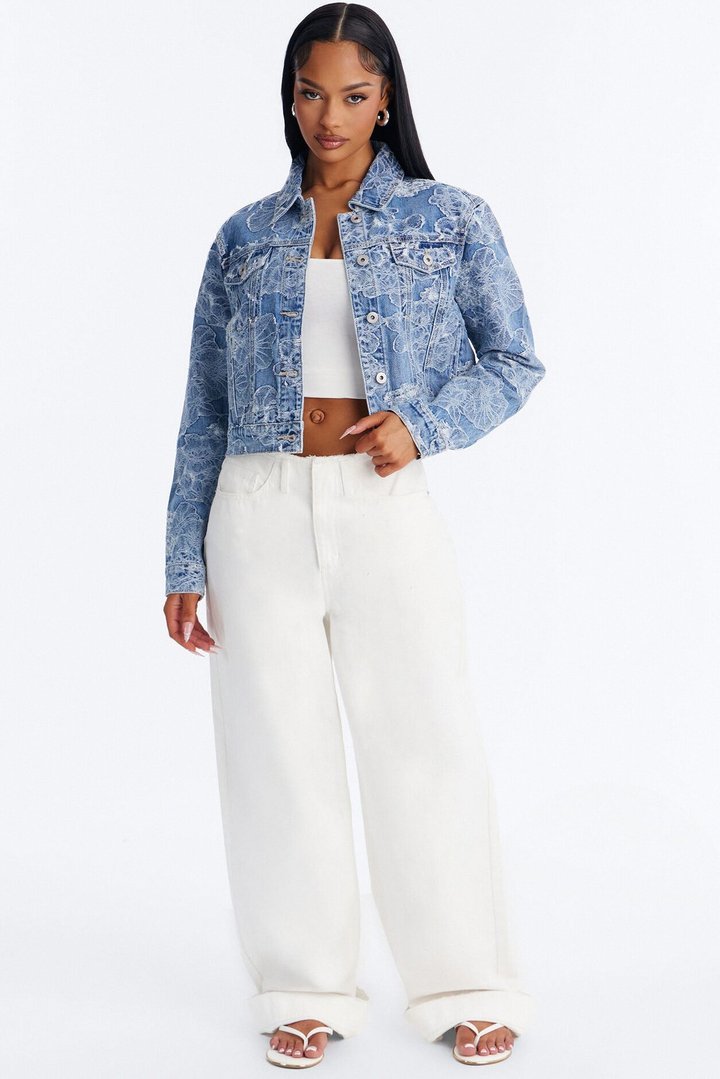 Spring Fling Jacquard Denim Trucker Jacket - Light Wash
