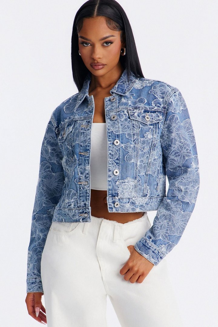 Spring Fling Jacquard Denim Trucker Jacket - Light Wash